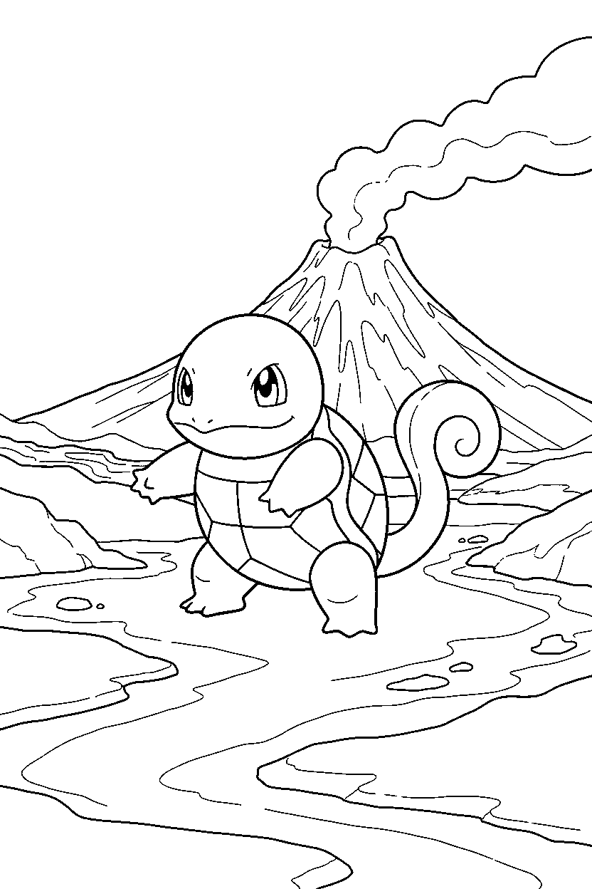 squirtle pokemon walking proudly in a volcano area line art