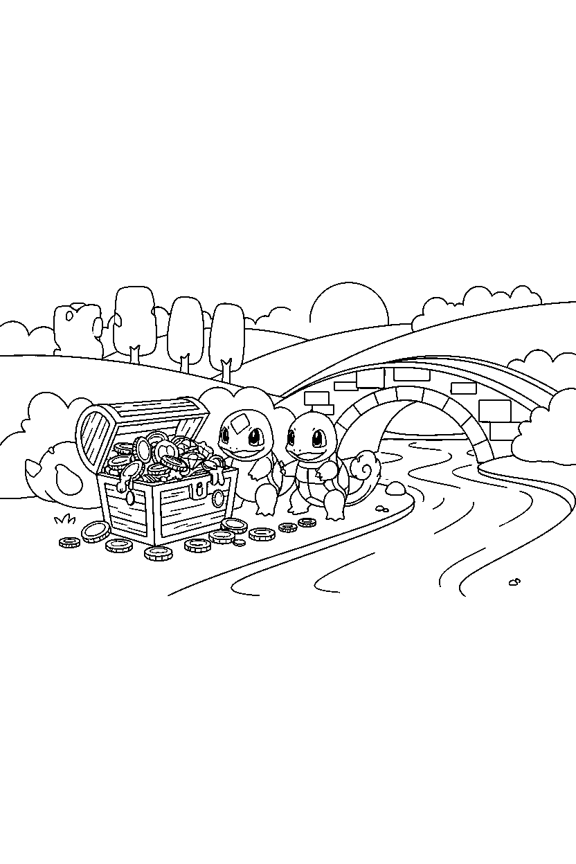starter pokemon finding a treasure near a bridge line art