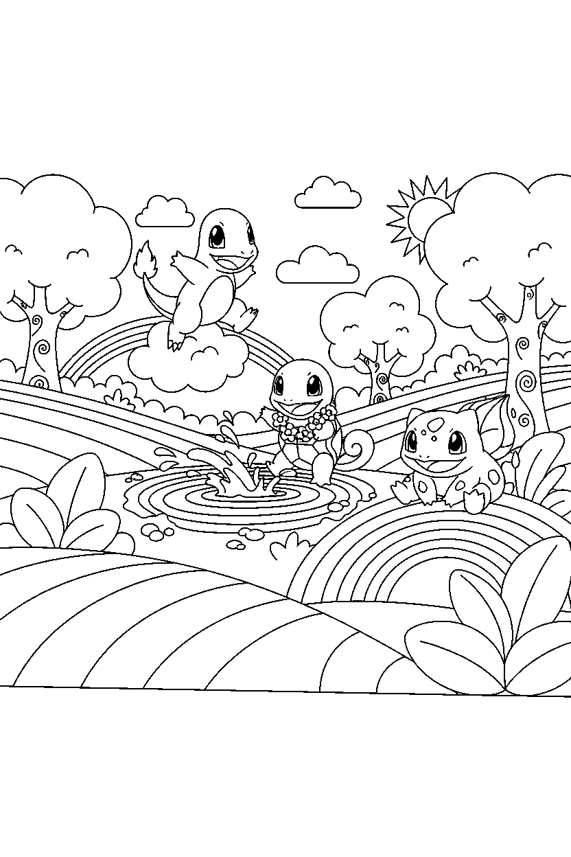 starter pokemon looking happy in a rainbow valley line art