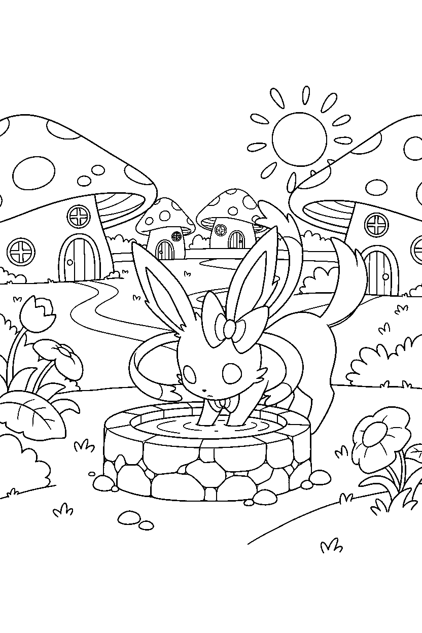 sylveon pokemon drinking water in a peaceful village line art