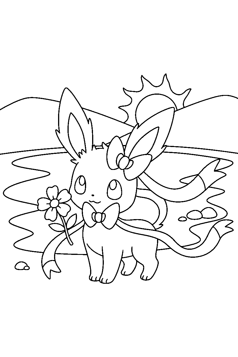 sylveon pokemon holding a flower near a peaceful lake line art
