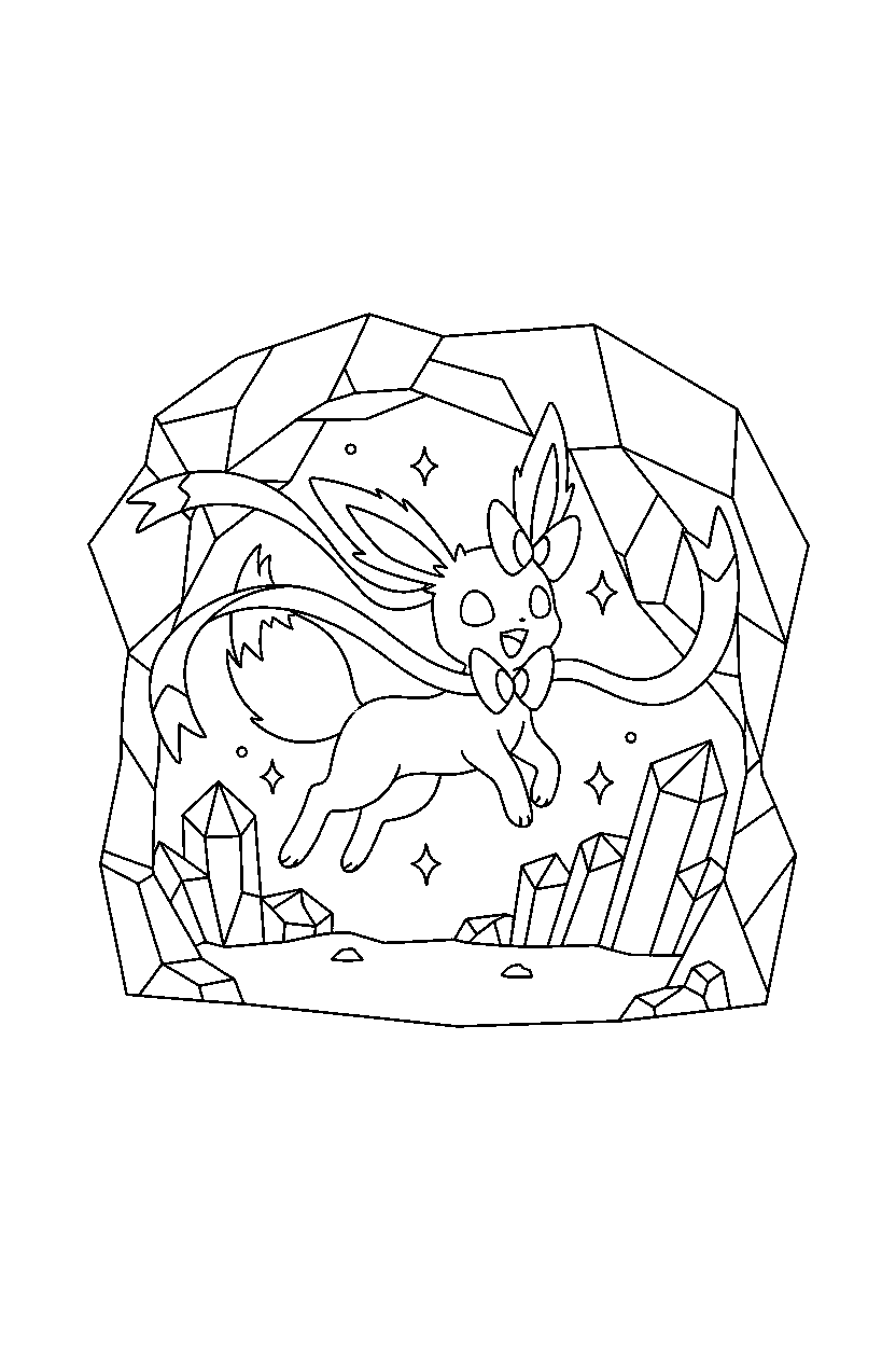 sylveon pokemon jumping happily inside a crystal cave line art