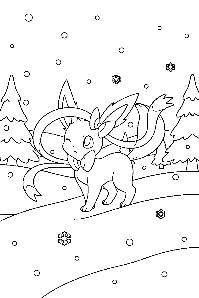sylveon pokemon listening carefully in a winter landscape line art