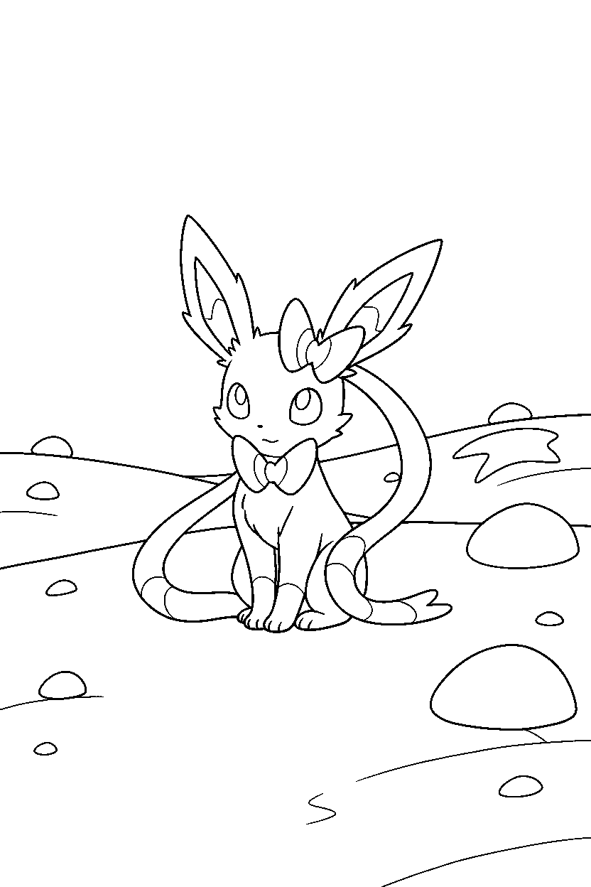 sylveon pokemon sitting peacefully in a snowy field line art