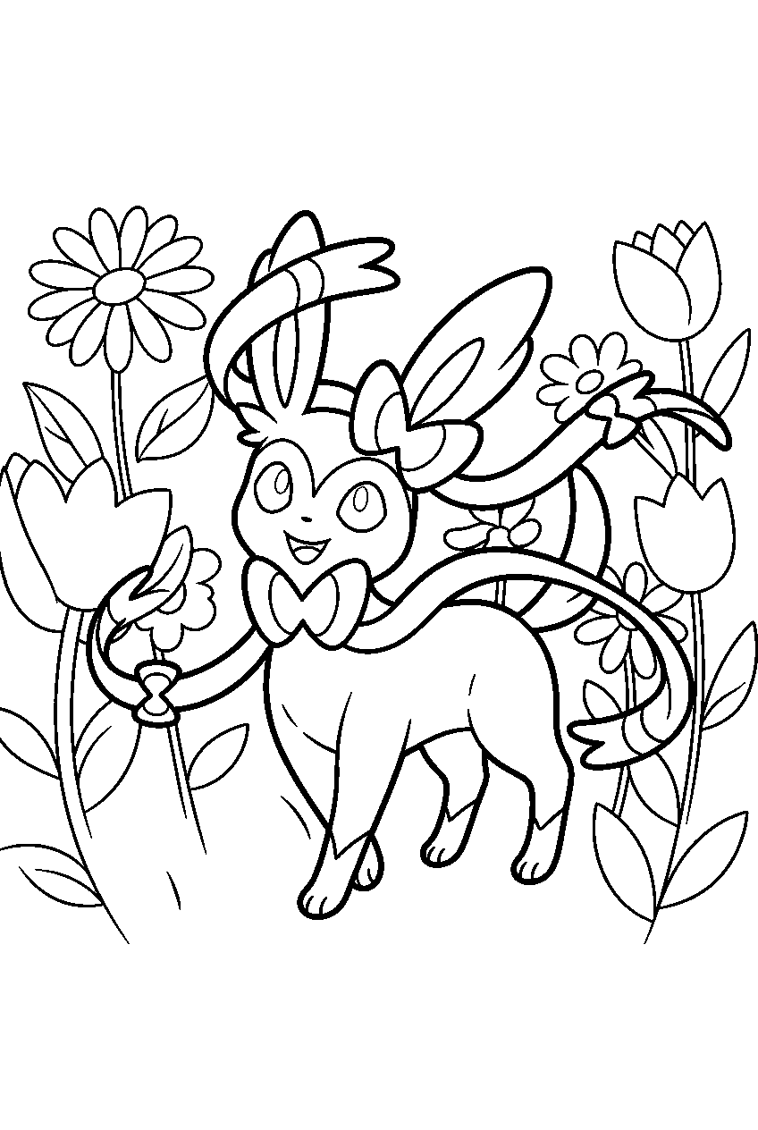 sylveon twirling its ribbon feelers through a flower garden line art