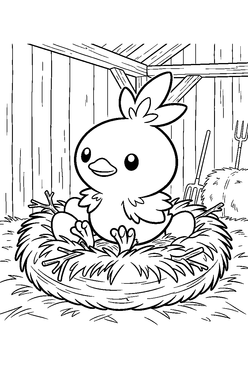 torchic warming a nest inside a farm barn line art