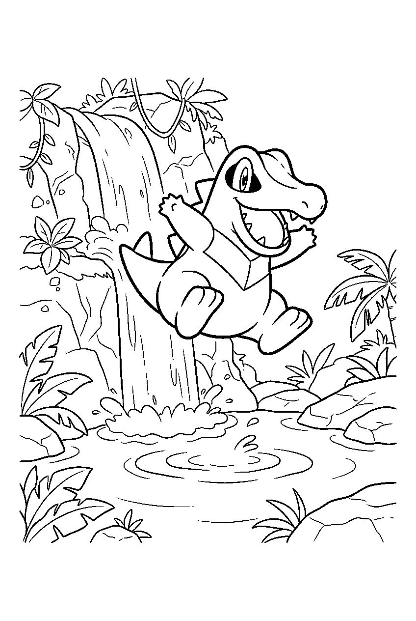 totodile jumping from a waterfall into a jungle pool line art