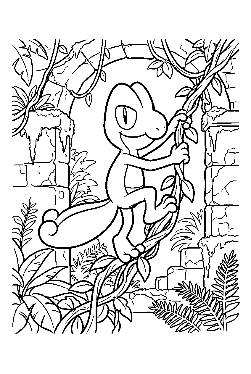 treecko climbing vines among rainforest ruins line art