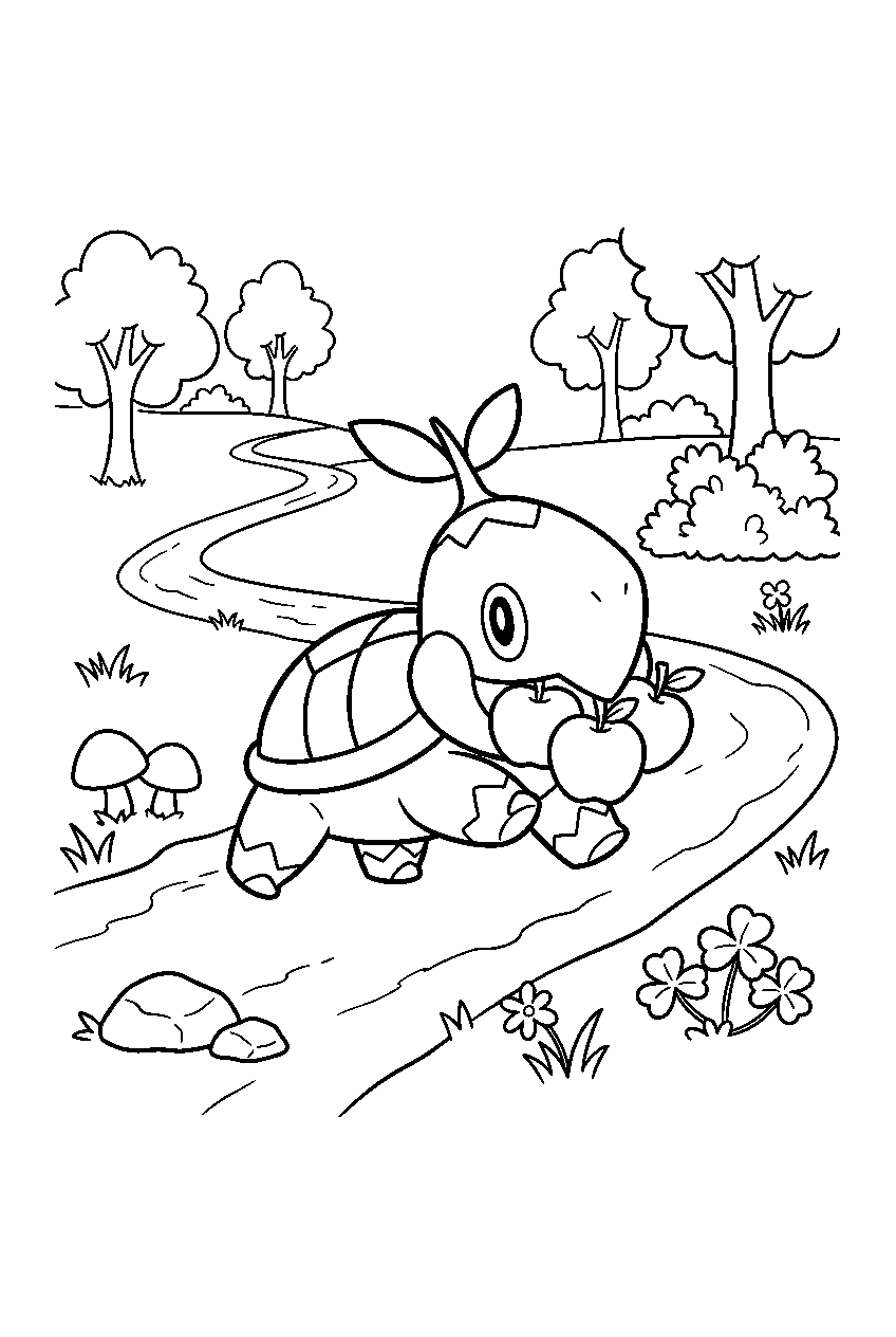 turtwig carrying apples along a woodland path line art