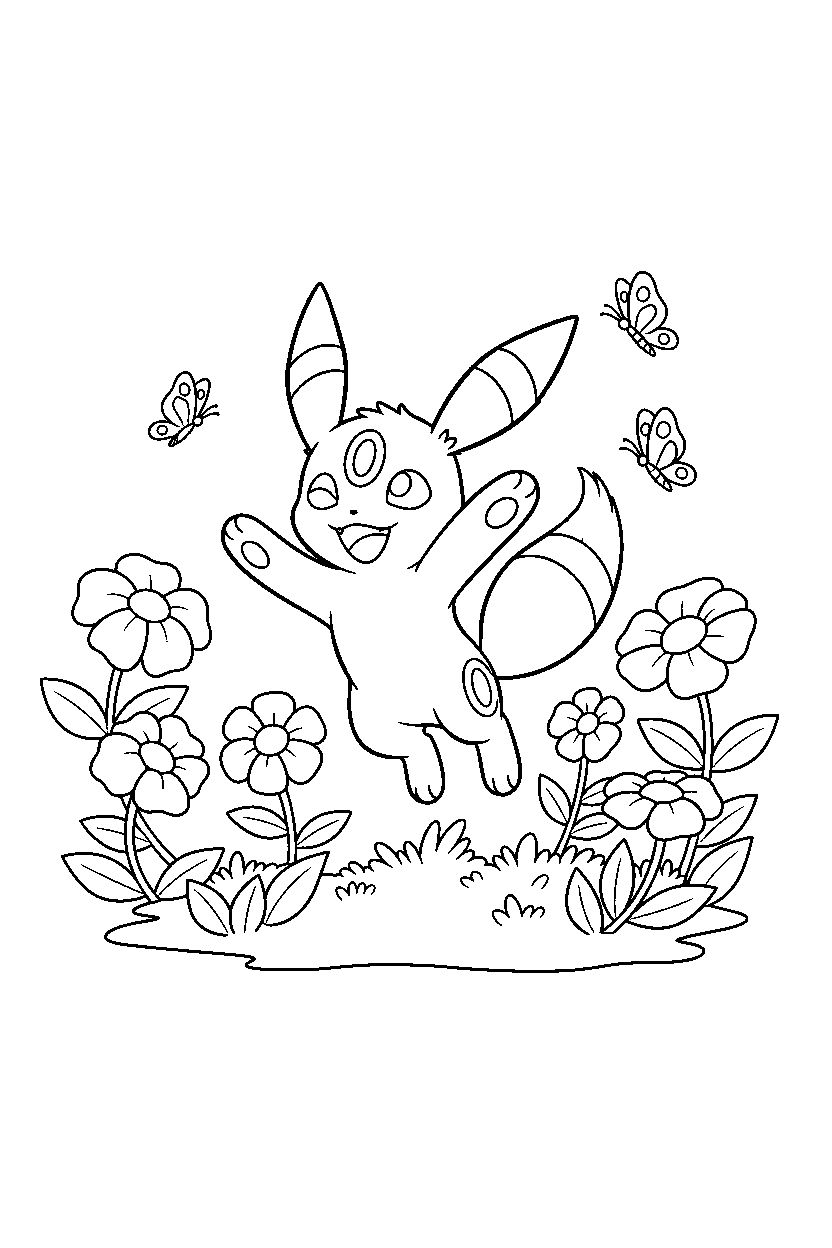 umbreon pokemon celebrating happily in a flower garden line art