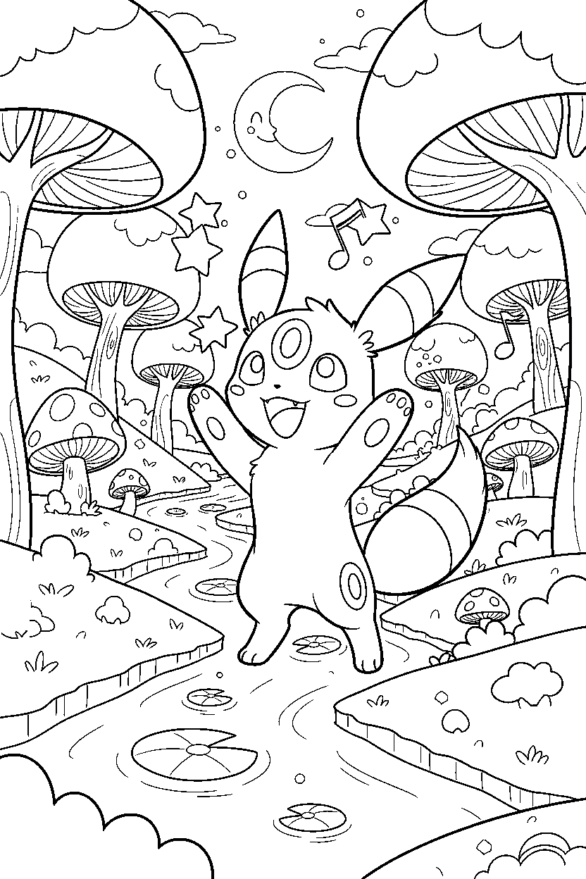 umbreon pokemon cheering happily in a magical valley line art