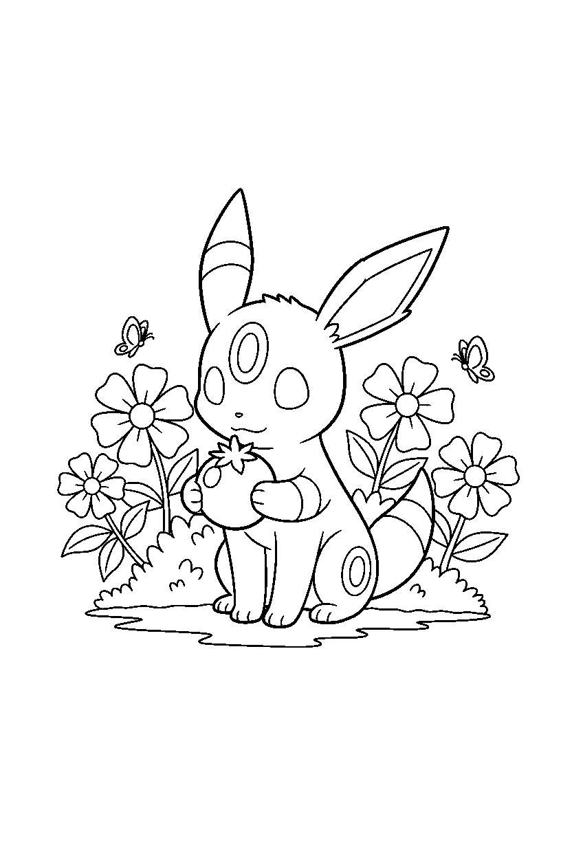 umbreon pokemon holding a berry in a flower garden line art