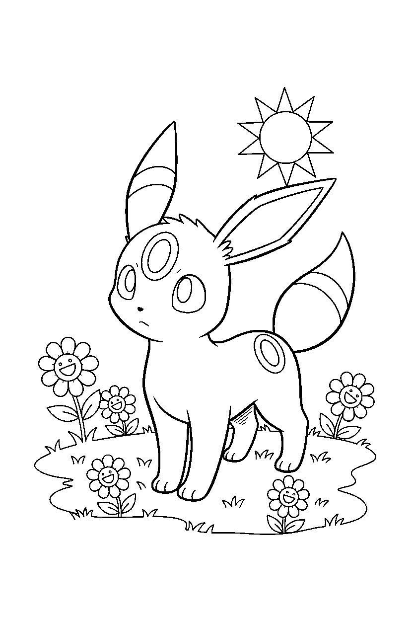 umbreon pokemon looking curious in a sunny meadow line art