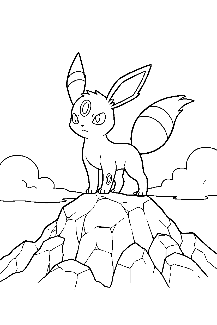 umbreon pokemon posing proudly on a rocky mountain line art
