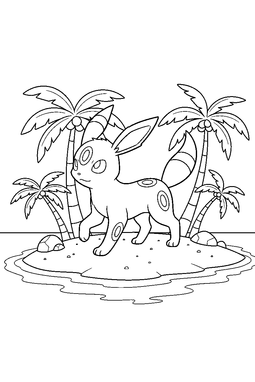 umbreon pokemon walking proudly on a tropical island line art