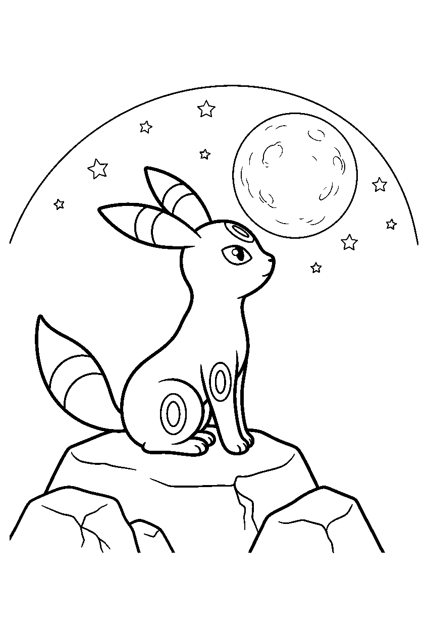 umbreon watching the full moon from a rocky hill line art