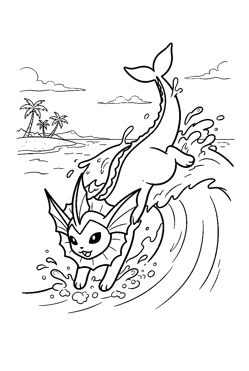 vaporeon diving through waves near a tropical beach line art