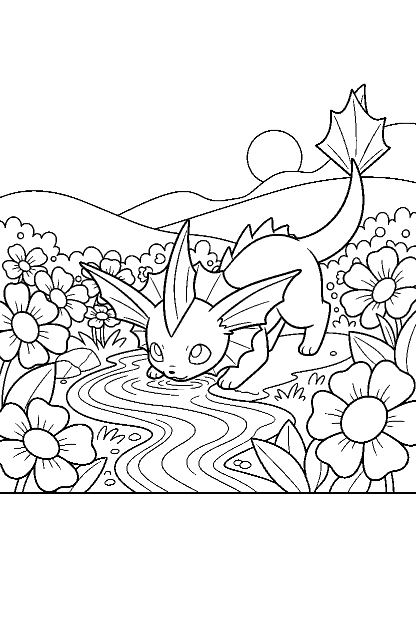 vaporeon pokemon drinking water in a flower field line art