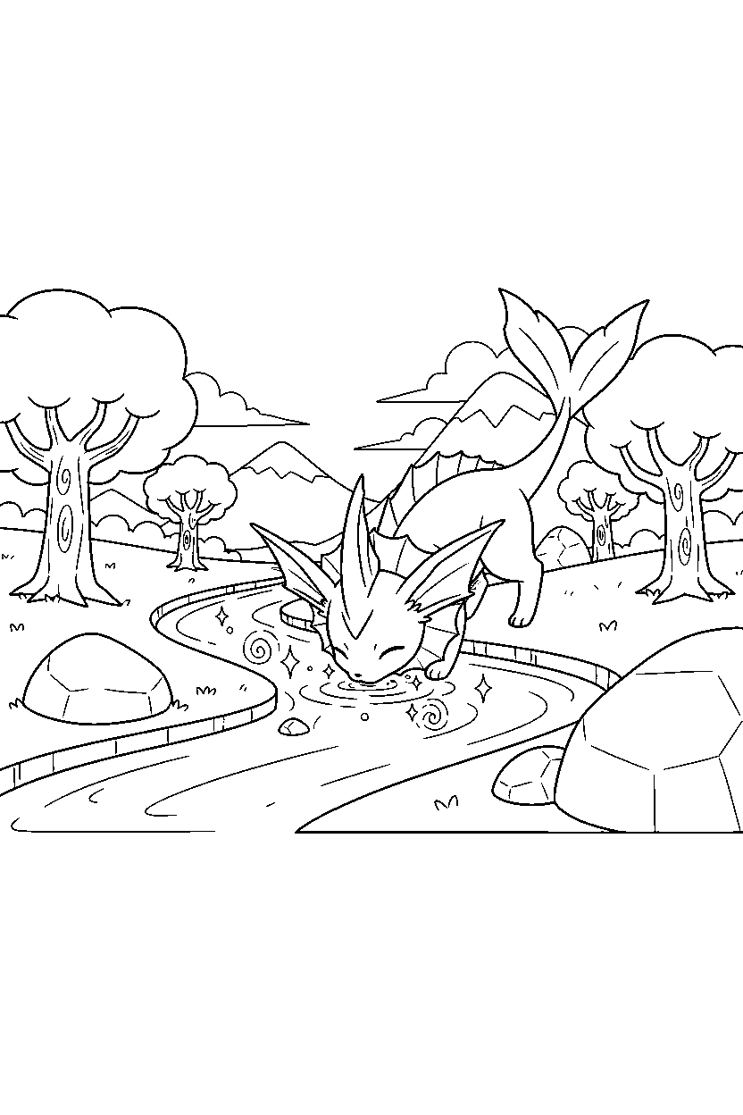 vaporeon pokemon drinking water in a magical valley line art