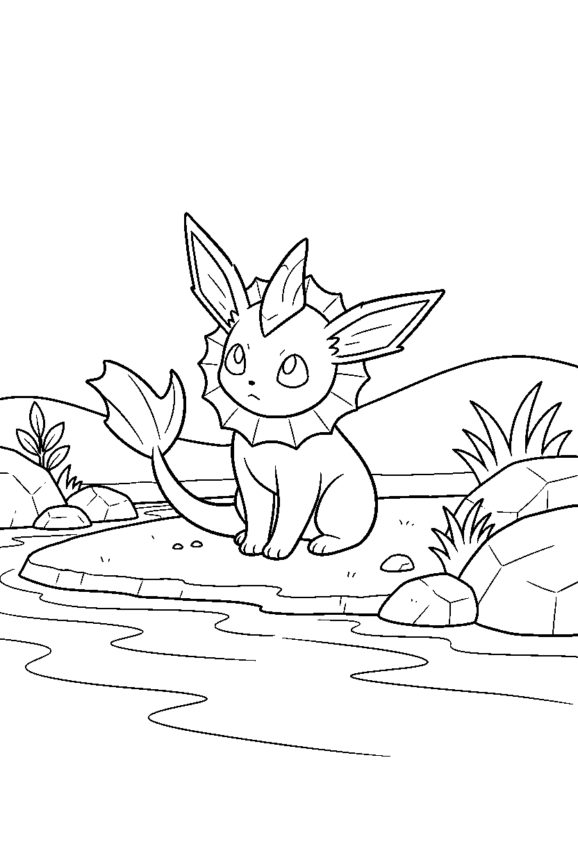 vaporeon pokemon listening carefully near a river line art