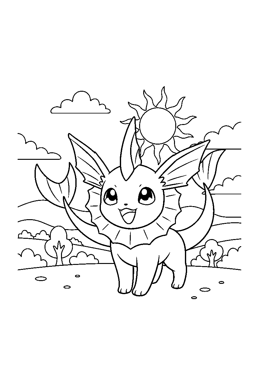 vaporeon pokemon looking excited in a sunny countryside line art