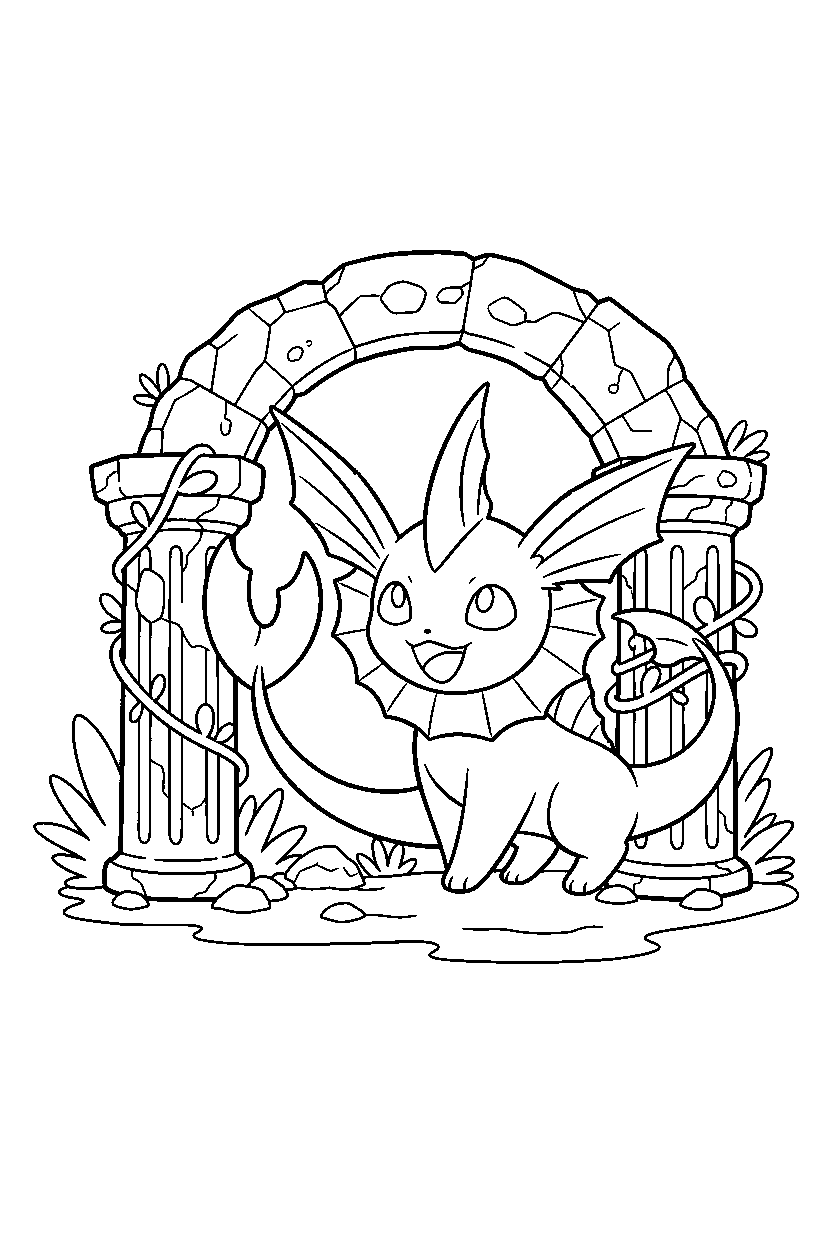 vaporeon pokemon smiling happily near ancient ruins line art