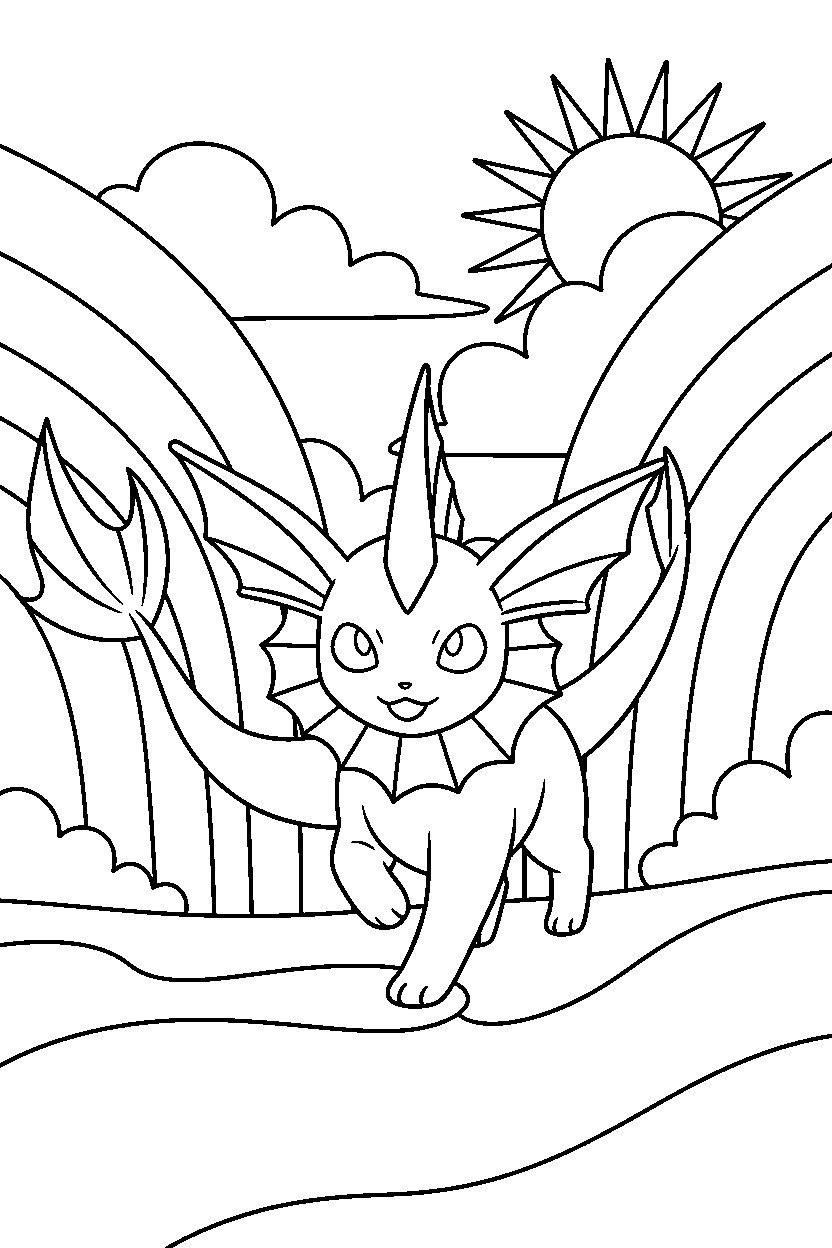 vaporeon pokemon walking proudly in a rainbow valley line art