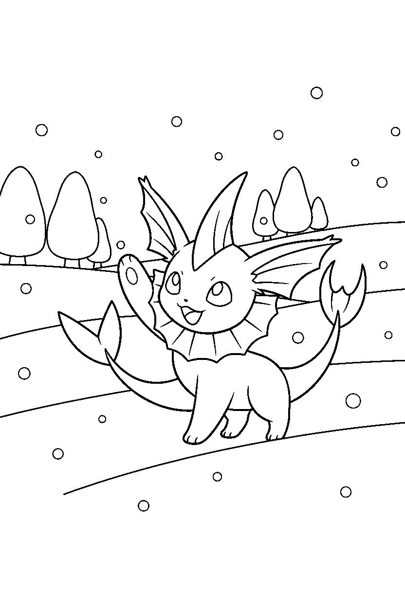 vaporeon pokemon waving happily in a snowy field line art