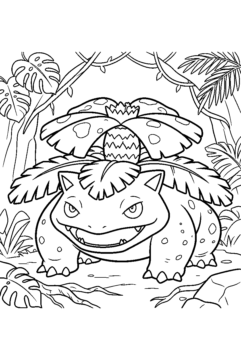 venusaur opening its giant flower in a tropical jungle line art