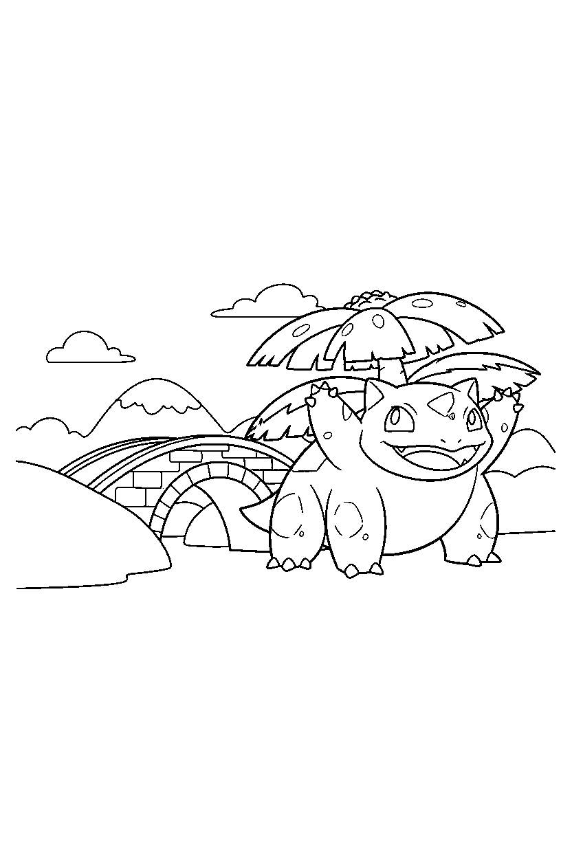 venusaur pokemon celebrating happily near a bridge line art