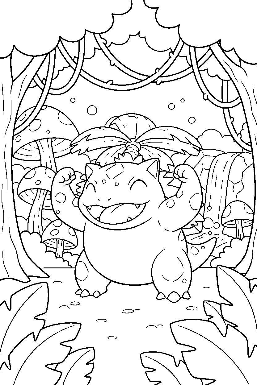 venusaur pokemon cheering happily in a jungle line art