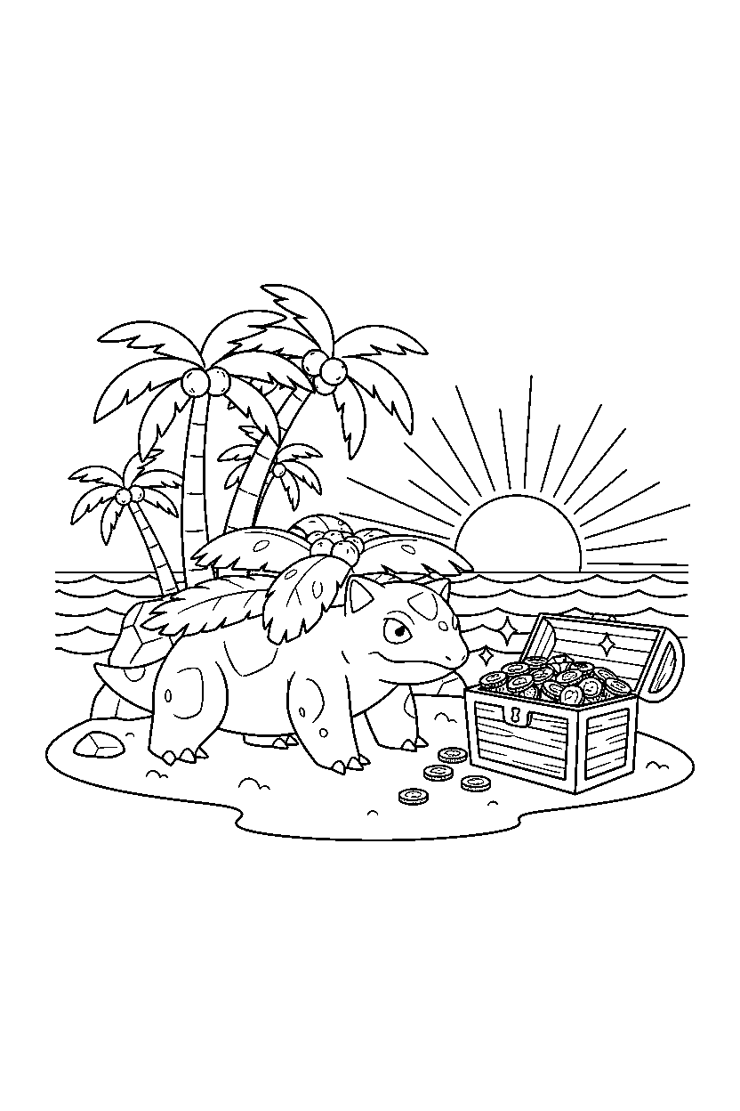 venusaur pokemon finding a treasure on a tropical island line art