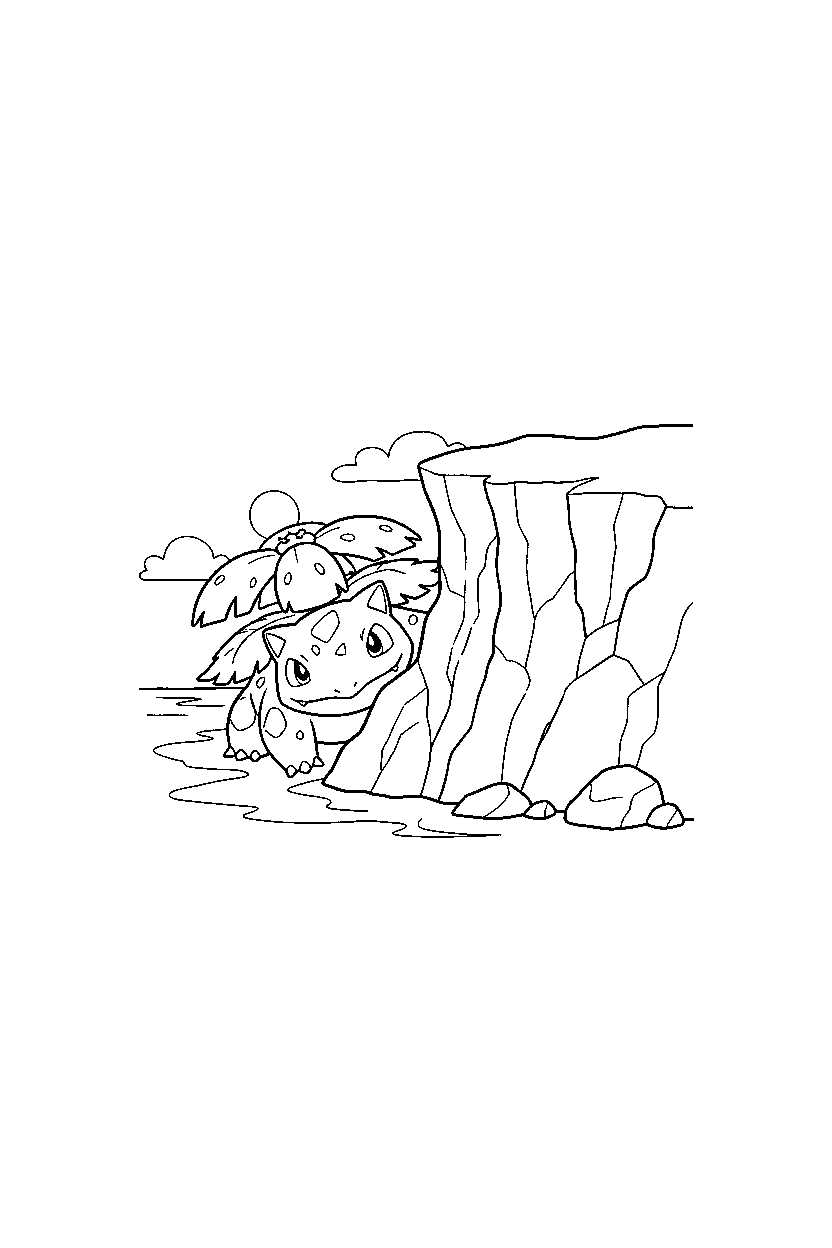 venusaur pokemon hiding playfully near a seaside cliff line art