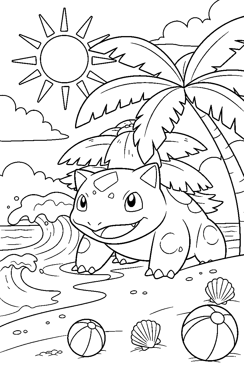 venusaur pokemon hiding playfully on a sunny beach line art