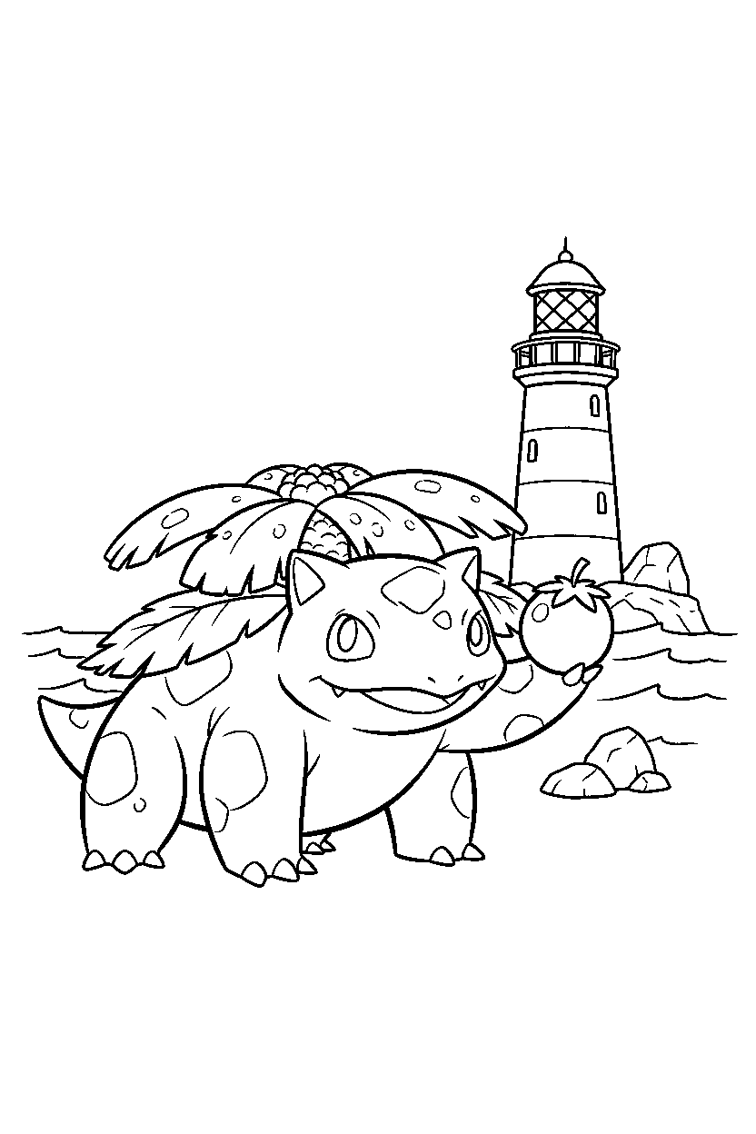 venusaur pokemon holding a berry near a lighthouse line art