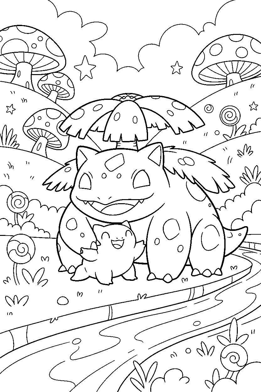 venusaur pokemon hugging a friend in a magical valley line art