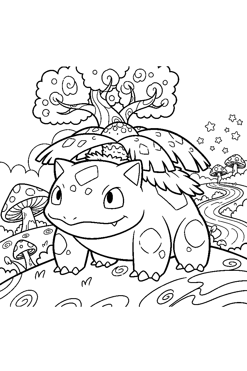venusaur pokemon looking curious in a magical landscape line art