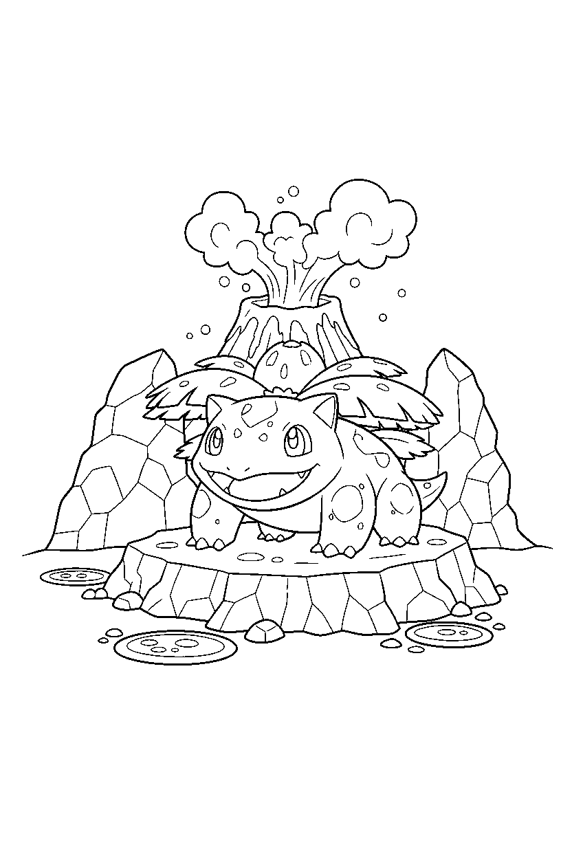 venusaur pokemon looking excited in a volcano area line art
