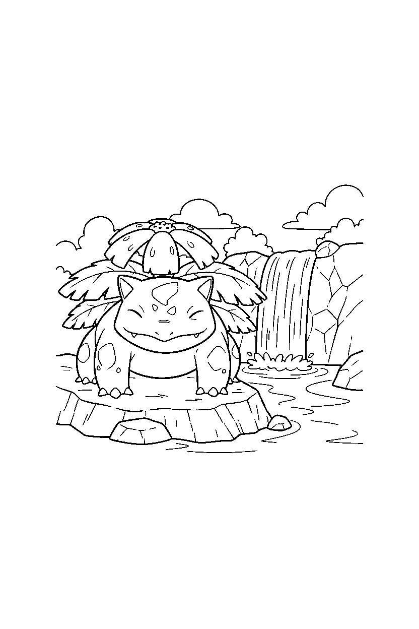 venusaur pokemon posing proudly near a waterfall line art