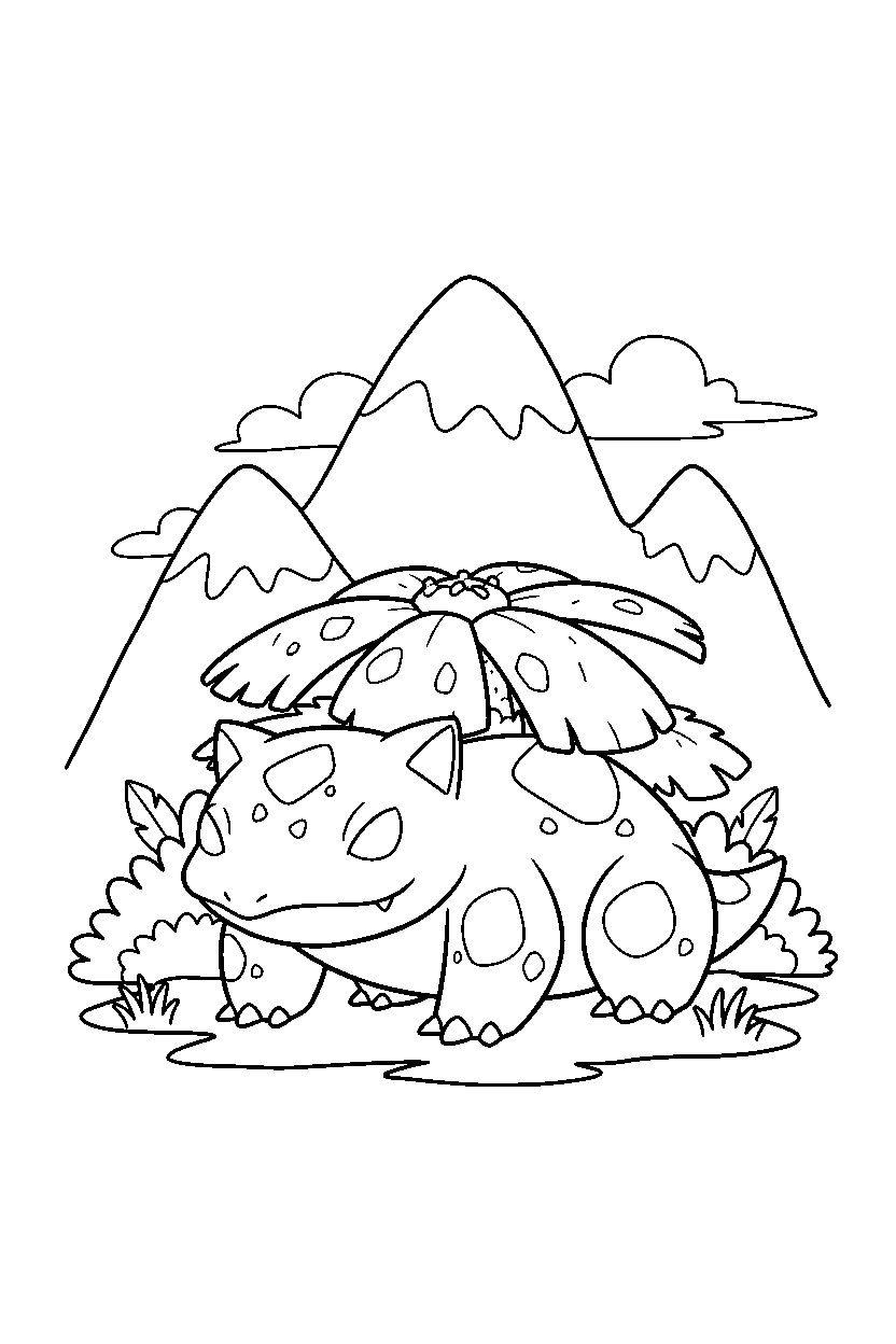venusaur pokemon sitting peacefully near a mountain line art