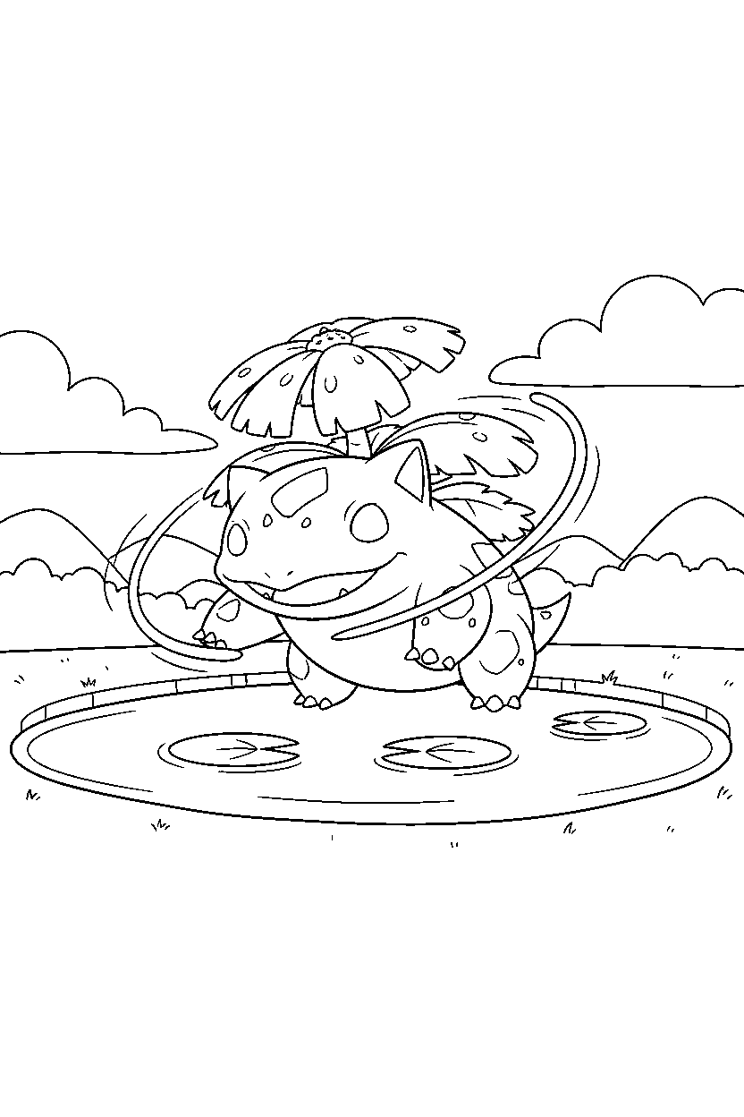 venusaur pokemon spinning happily near a peaceful pond line art