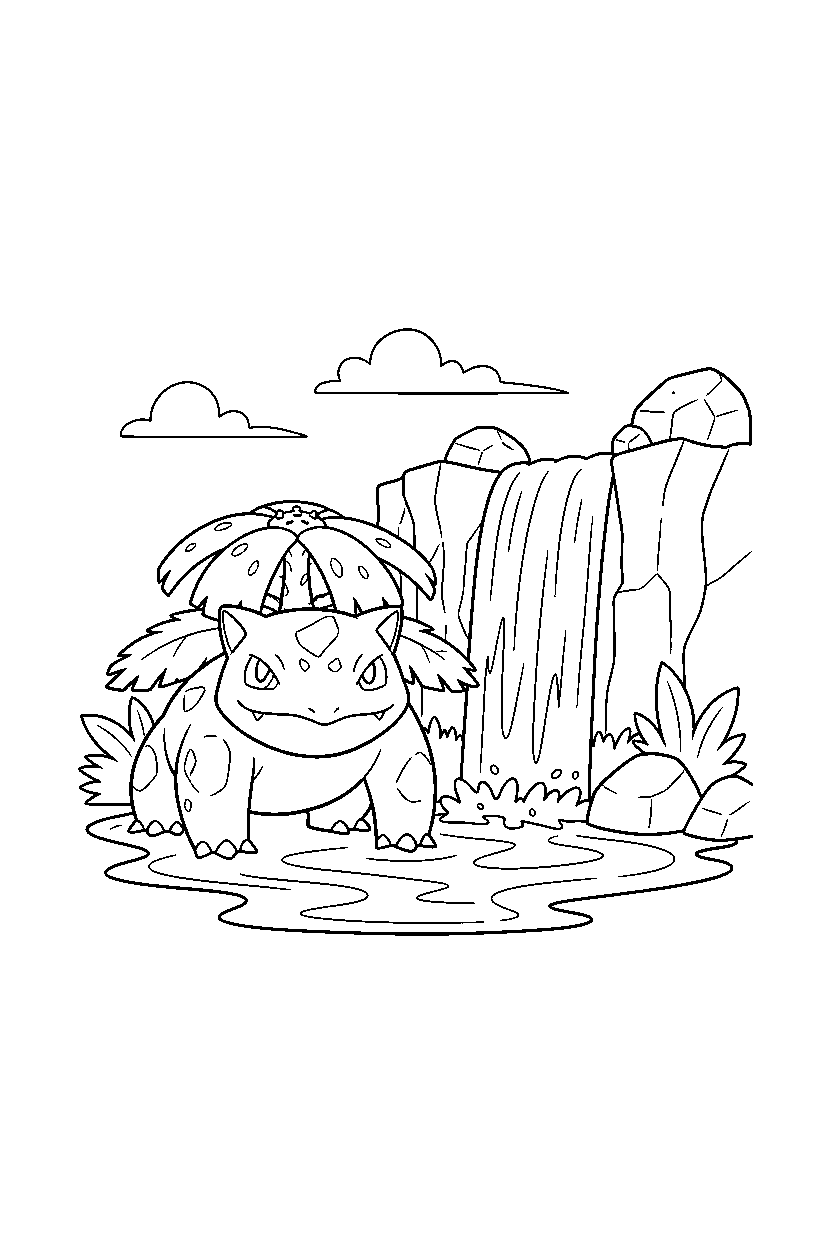 venusaur pokemon standing proudly near a waterfall line art