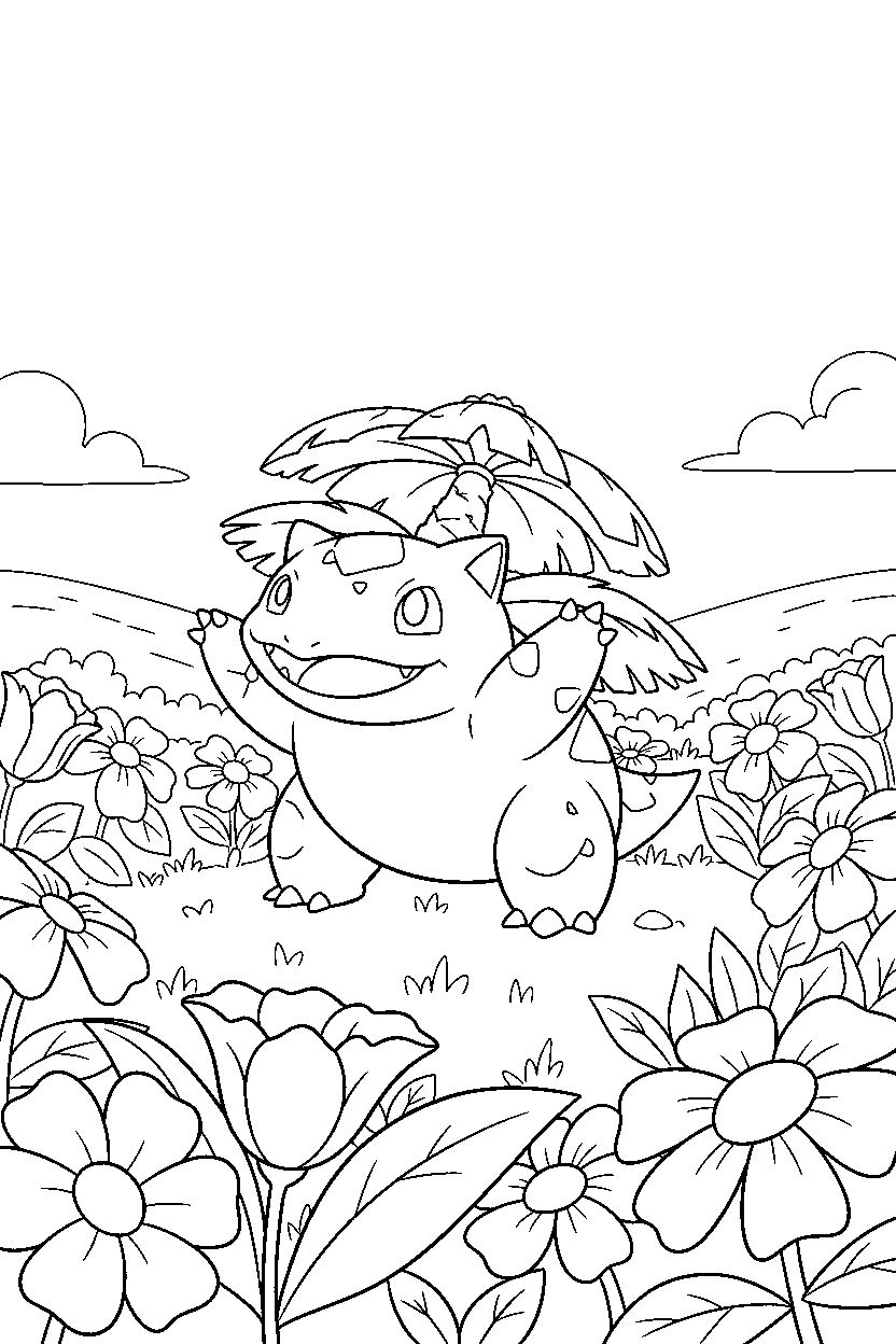 venusaur pokemon stretching happily in a flower garden line art