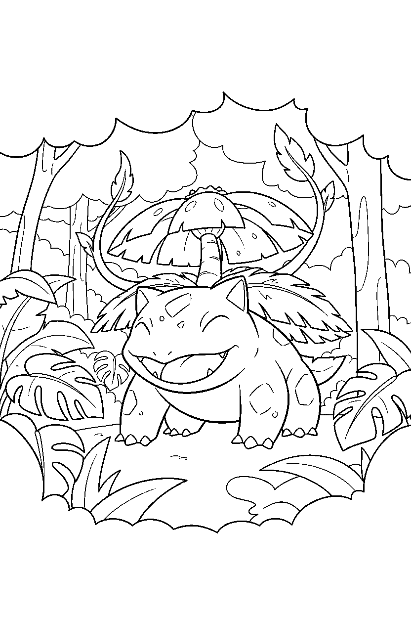 venusaur pokemon stretching happily in a jungle line art