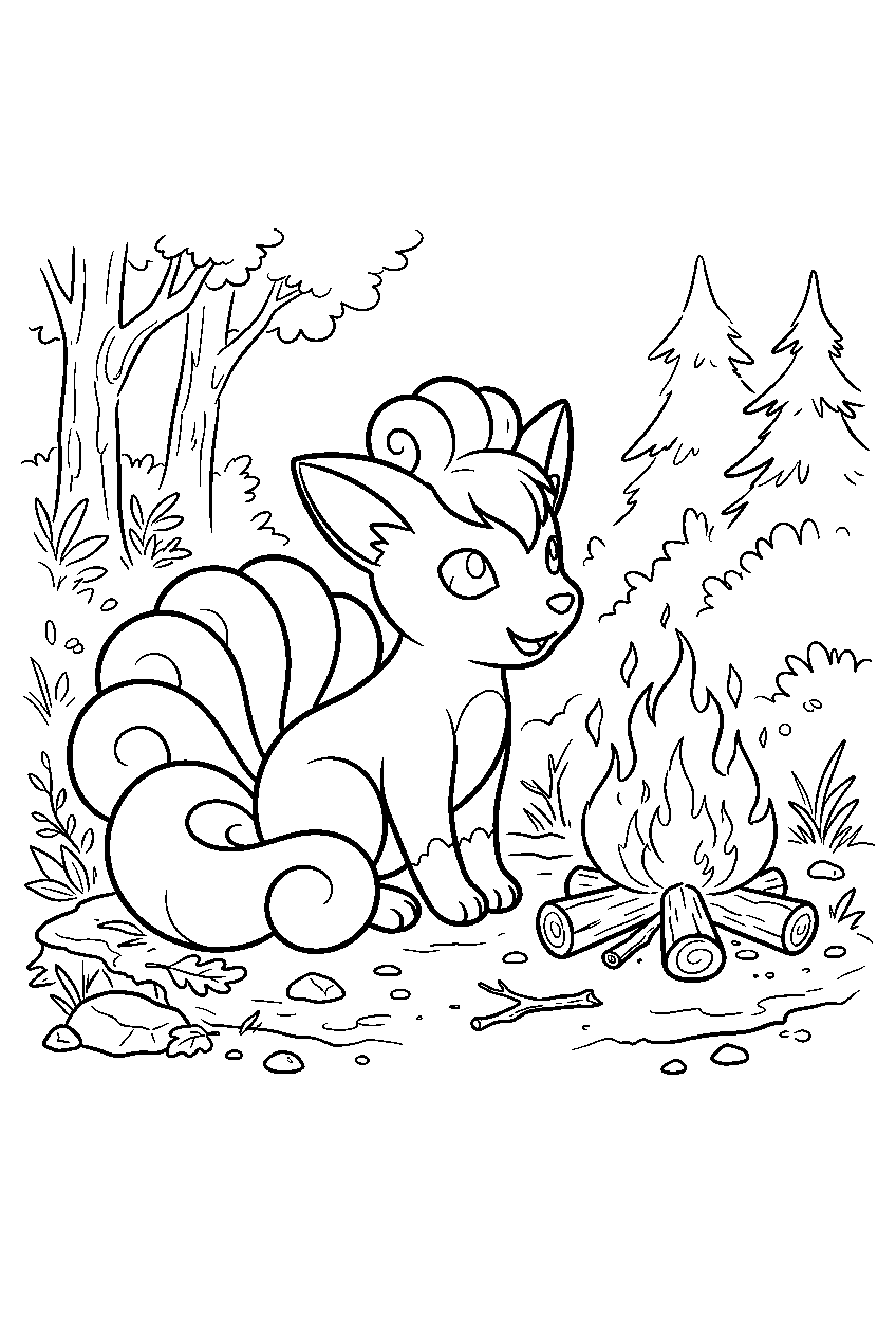 vulpix curling its tails beside a campfire in a woodland clearing line art