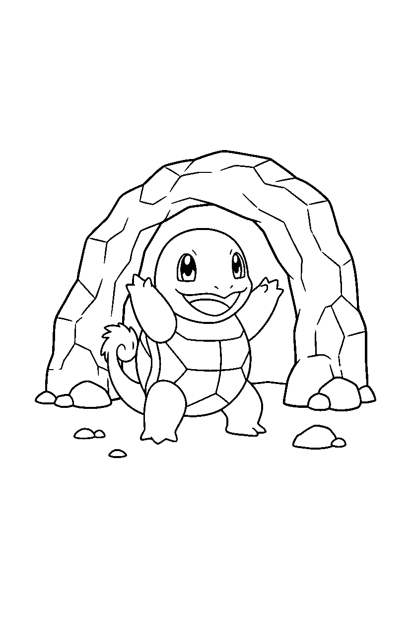 wartortle pokemon cheering happily near a cave entrance line art