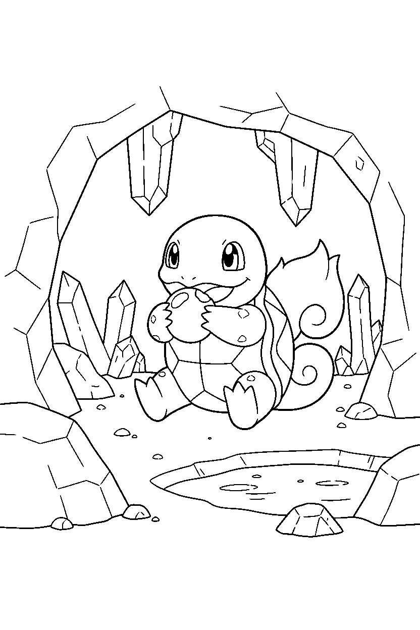 wartortle pokemon eating a snack inside a crystal cave line art