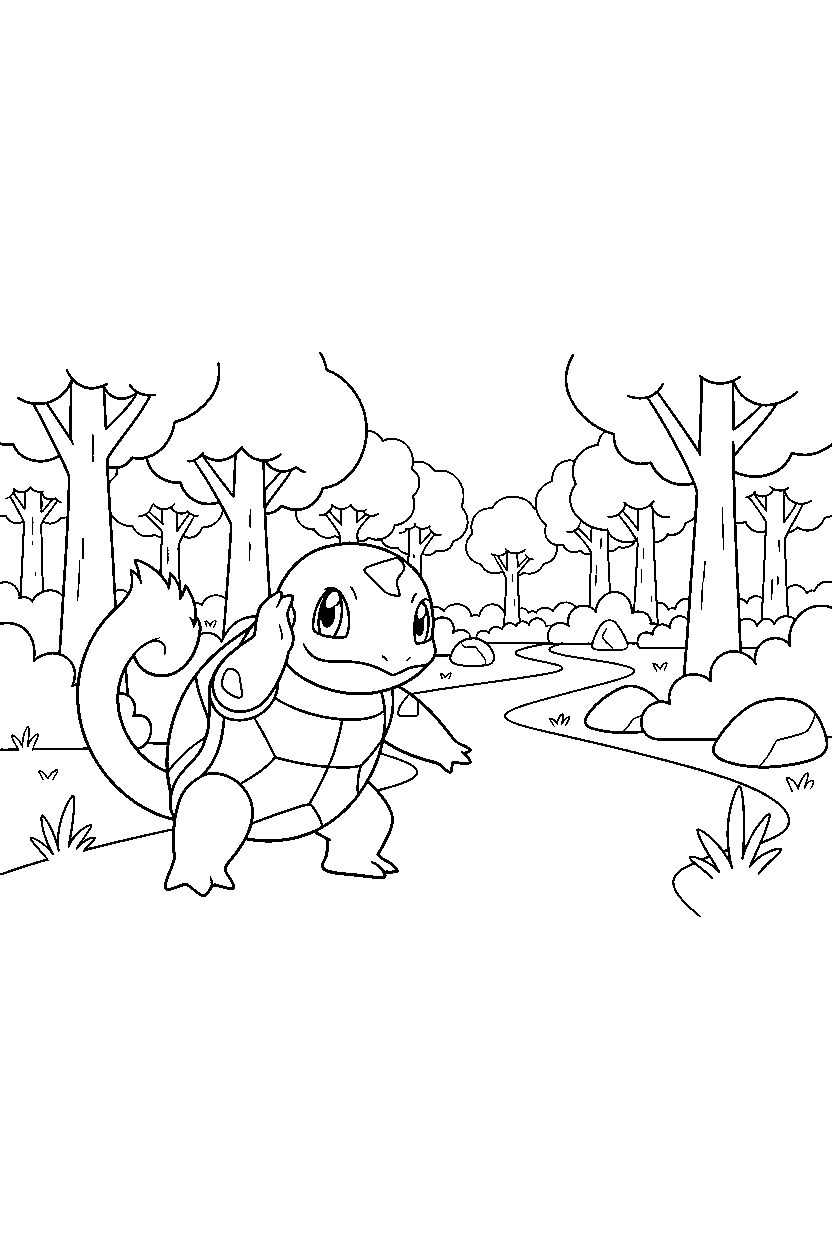 wartortle pokemon listening carefully near a forest path line art