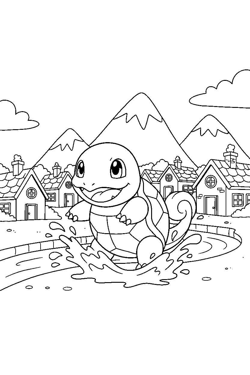 wartortle pokemon playing happily in a mountain village line art