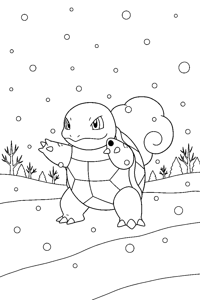 wartortle pokemon posing proudly in a winter landscape line art